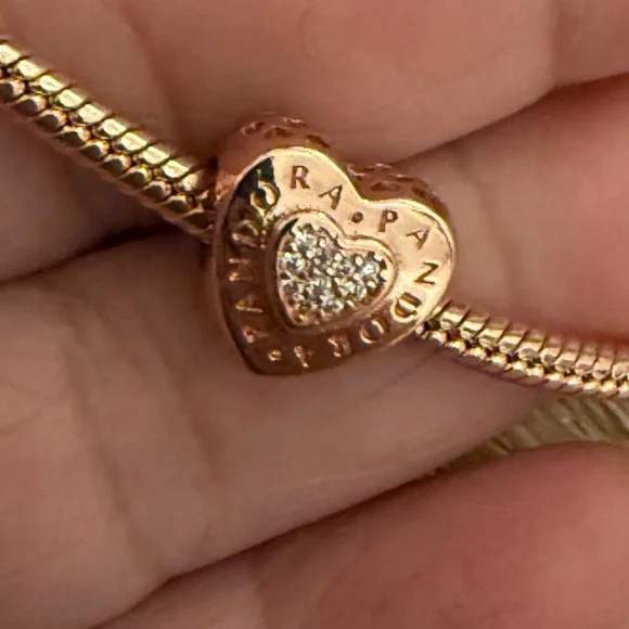 Rose Gold Heart Charm with Silver Bracelet - Picture 4 of 5